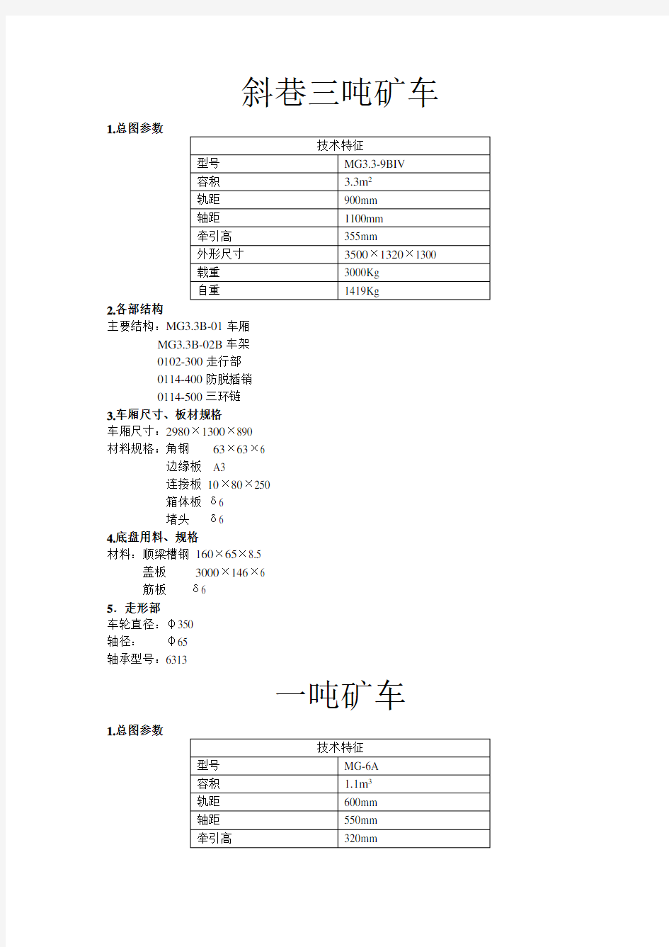 几种固定式矿车型号及外型尺寸简介