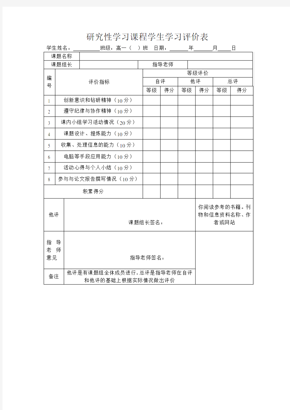 研究性学习课程学生学习评价表