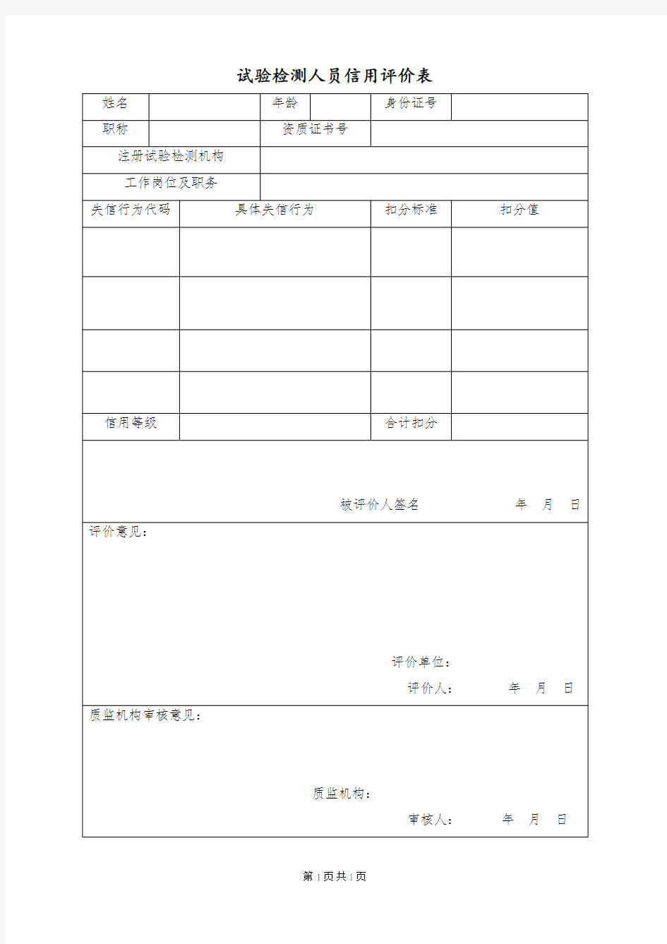 试验检测人员  个人信用评价表