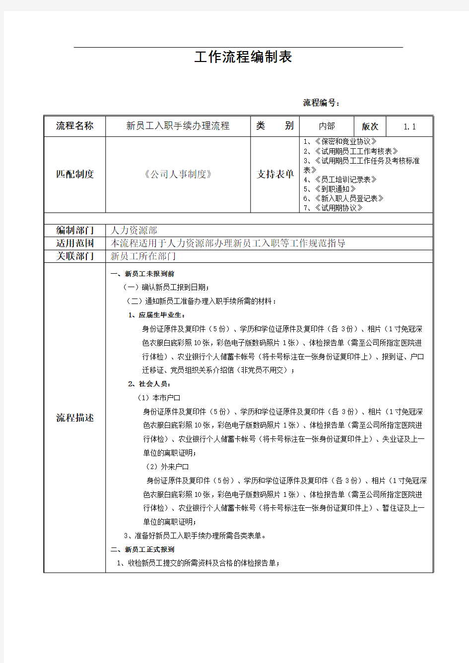 新员工入职手续办理流程