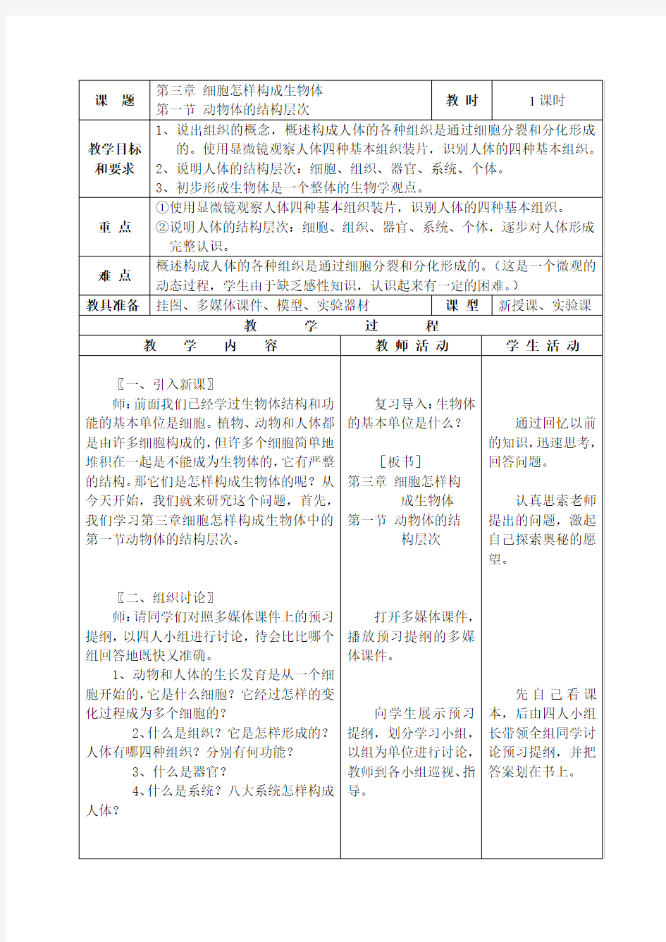 2.3.1动物体的结构层次