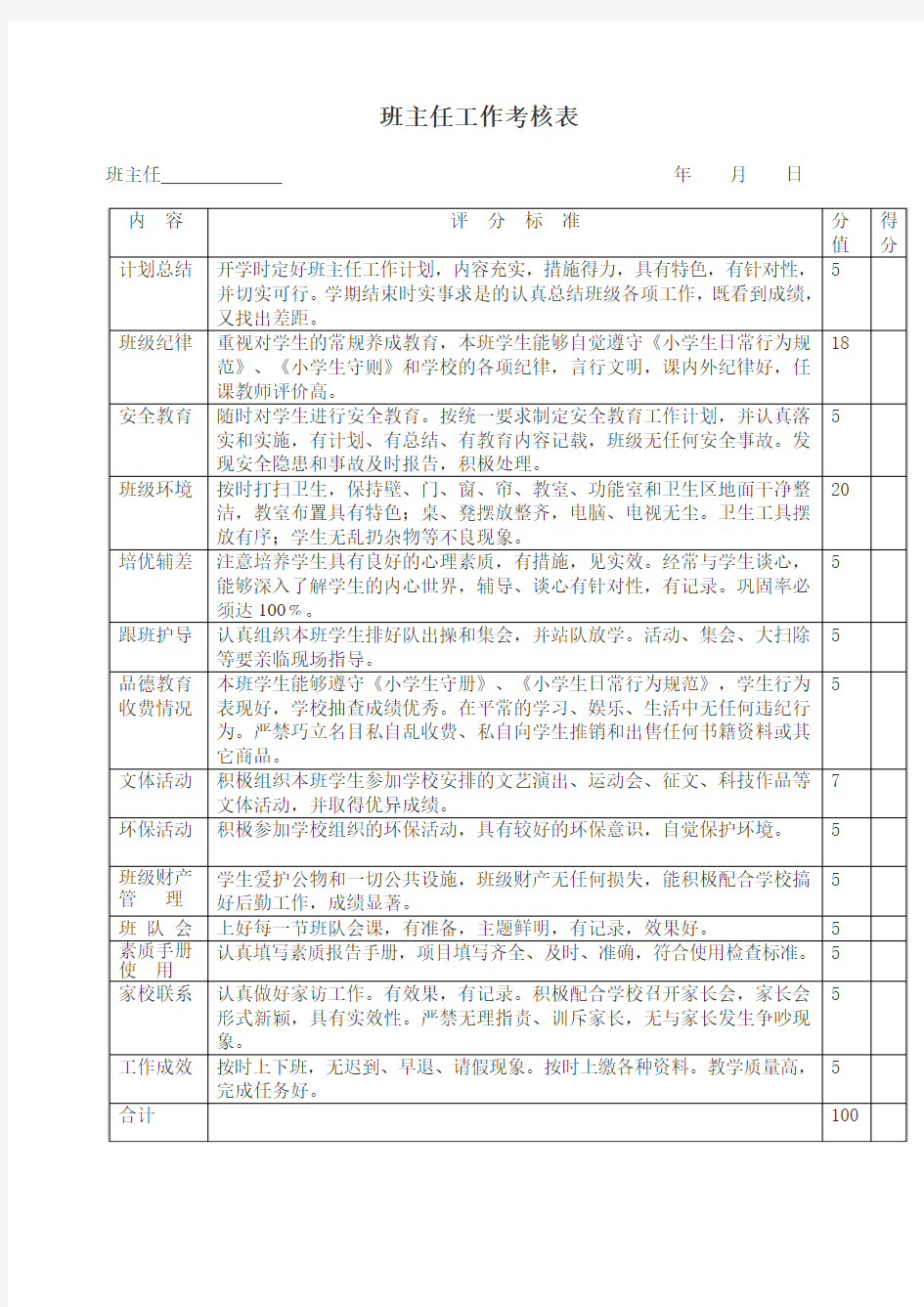 _班主任工作考核表