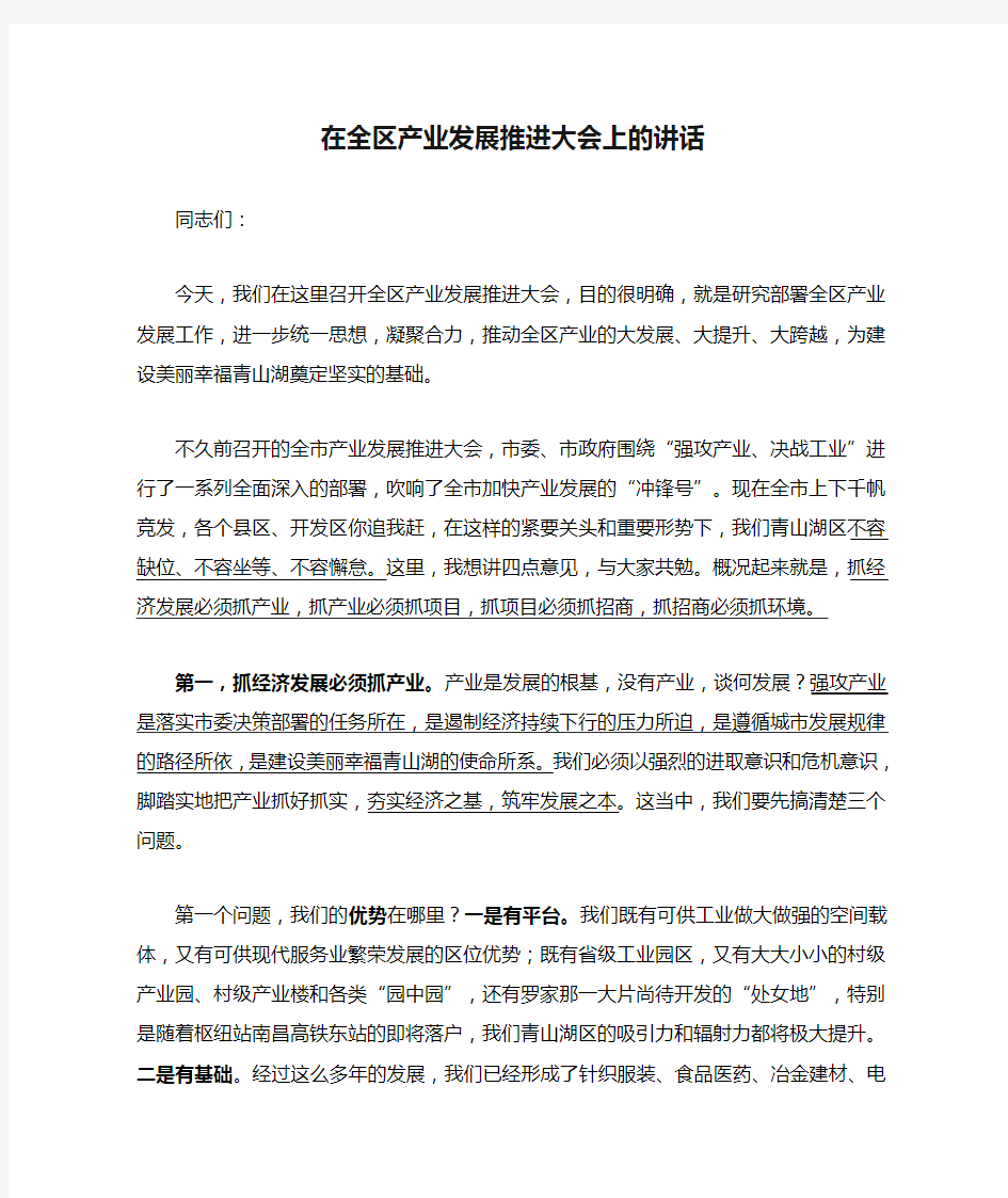 在全区产业发展推进大会上的讲话