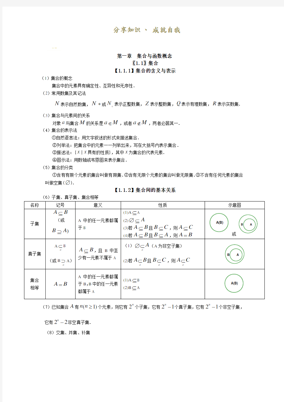 高中数学必修一第一章知识点总结