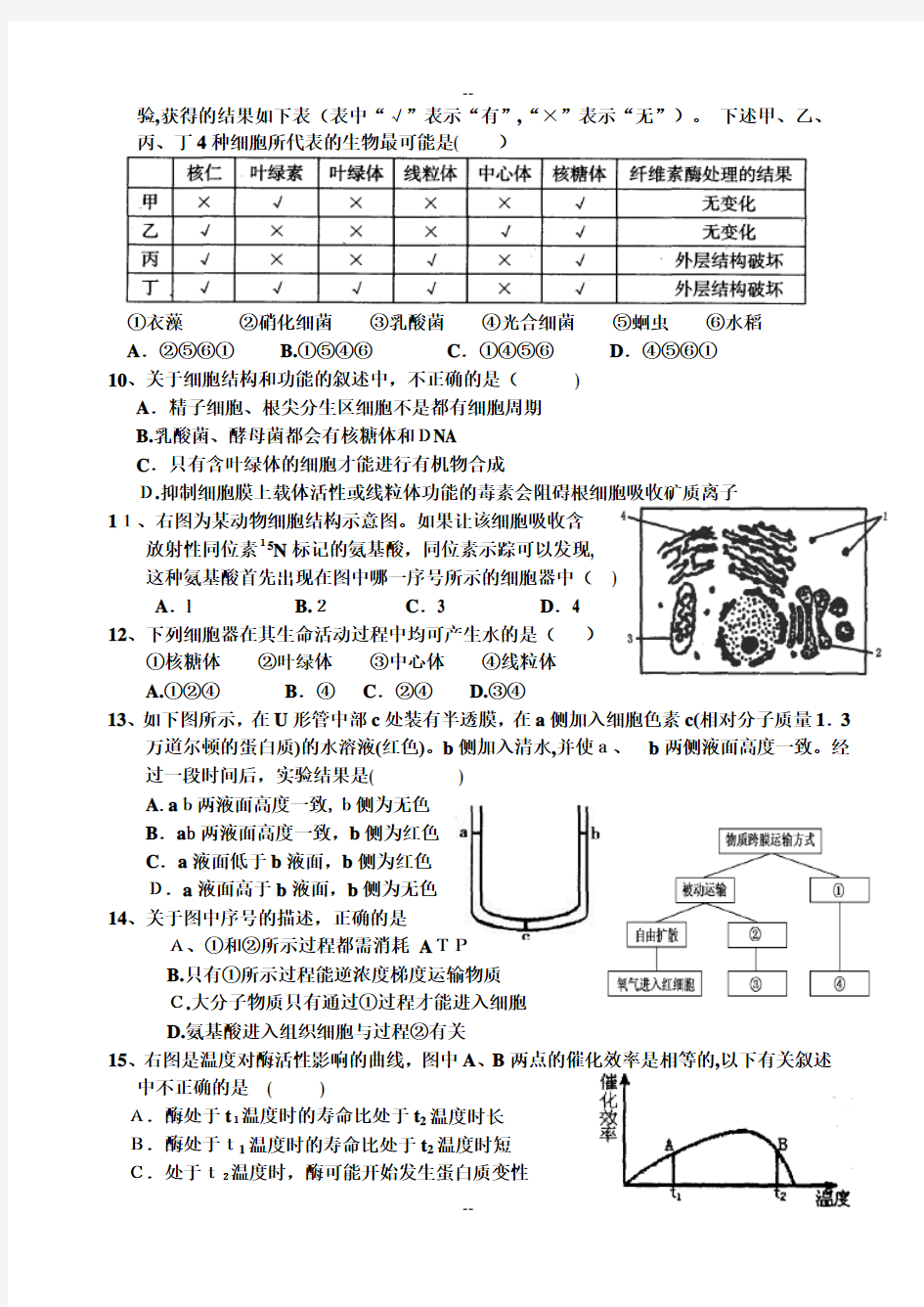 高一生物期末考试题及答案