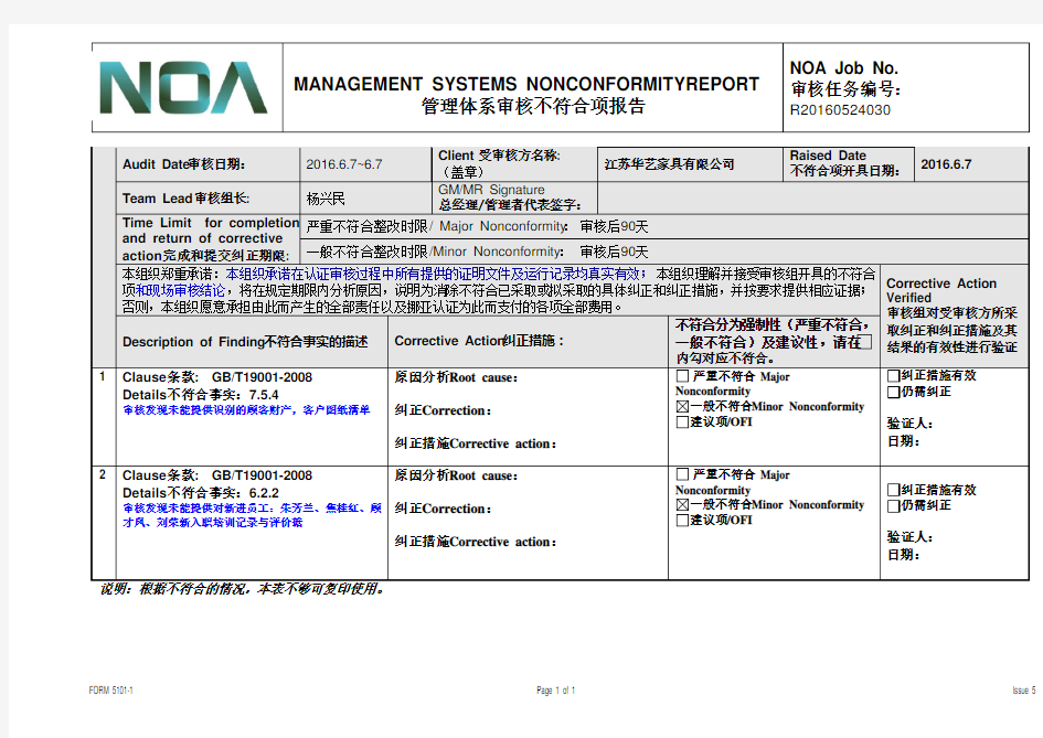 管理体系审核不符合项报告