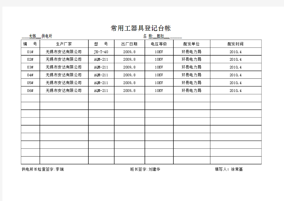 常用工器具登记台账