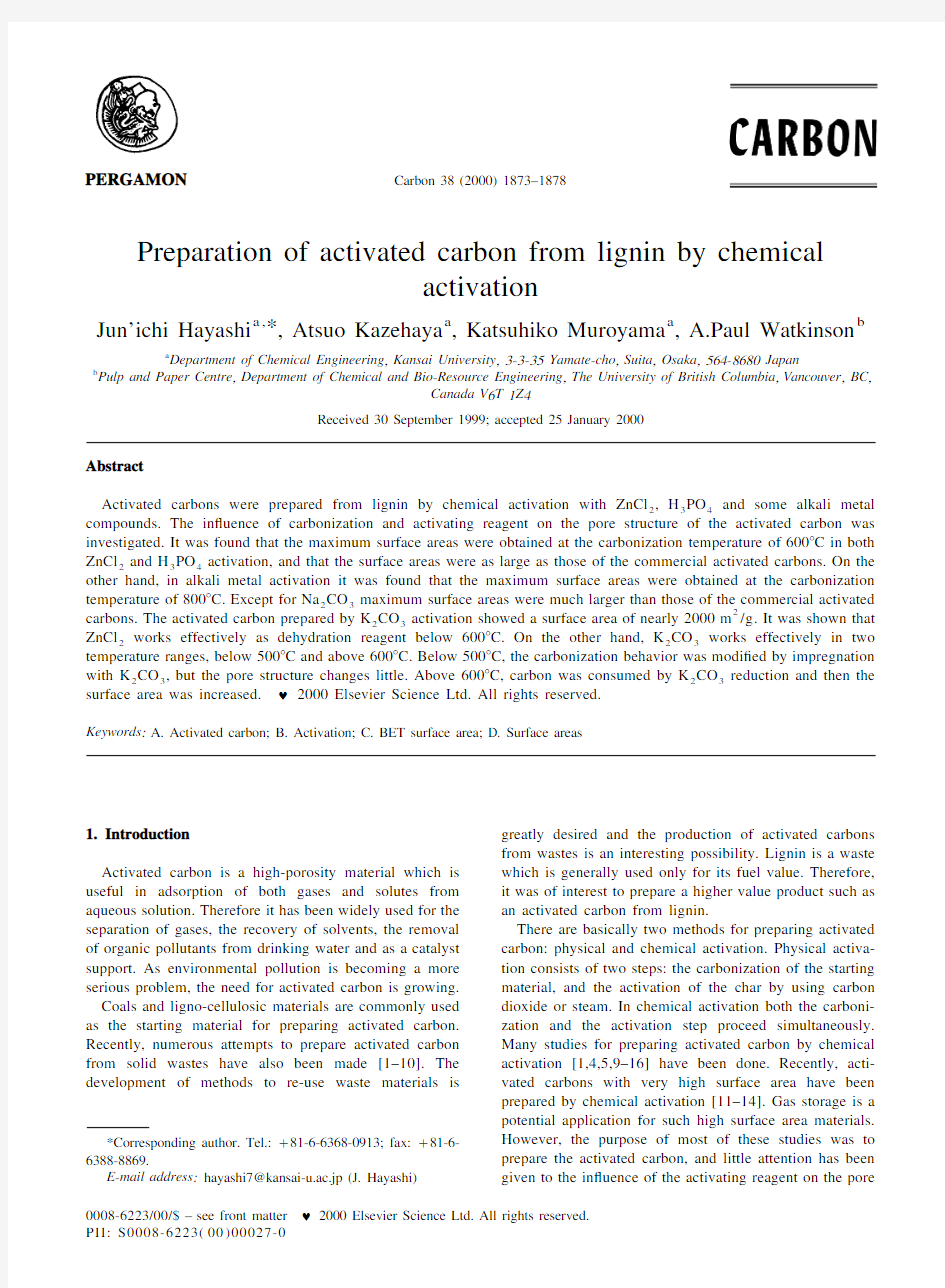 Preparation of activated carbon from lignin by chemical activation