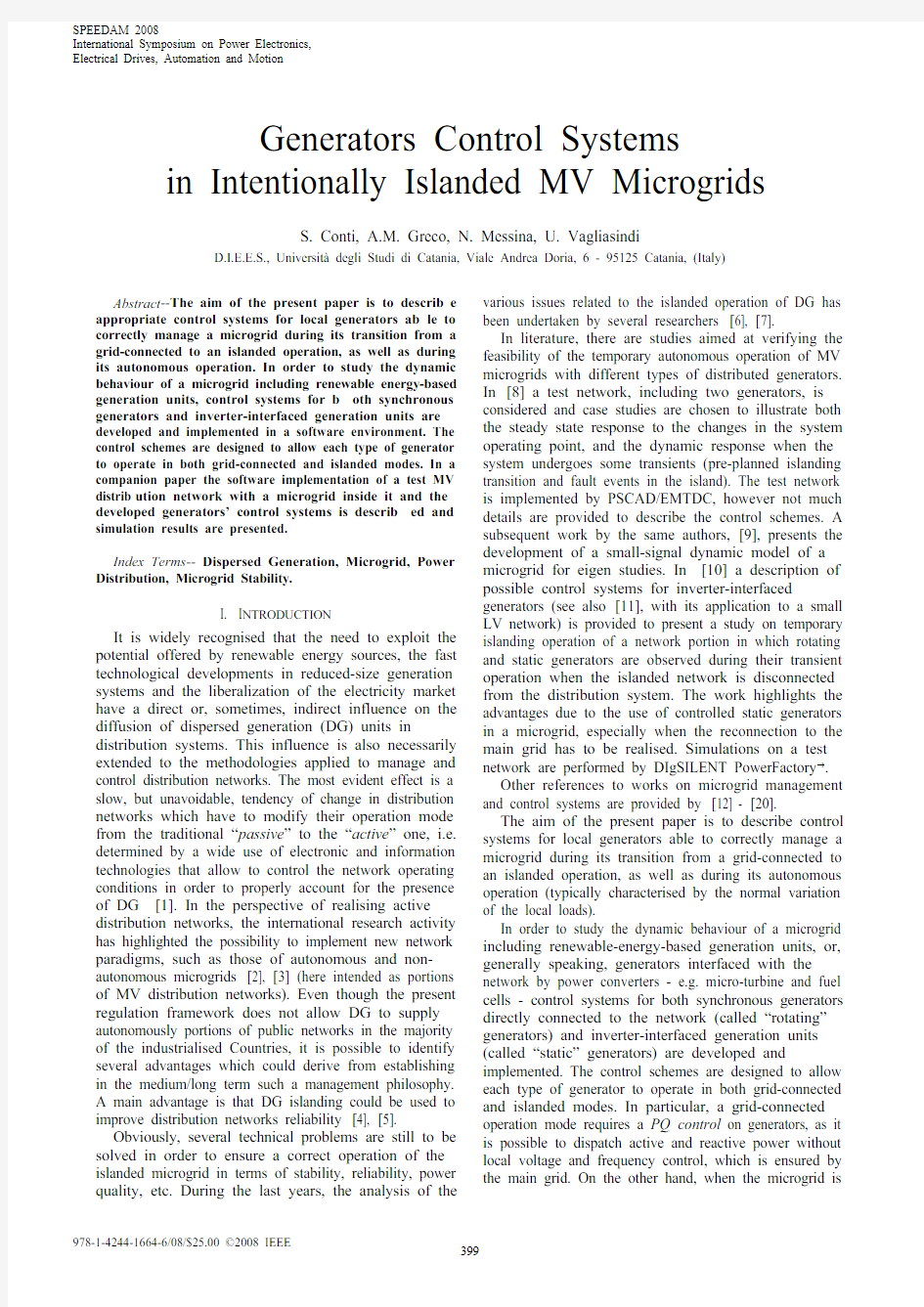 Generators Control Systems in Intentionally Islanded MV Microgrids