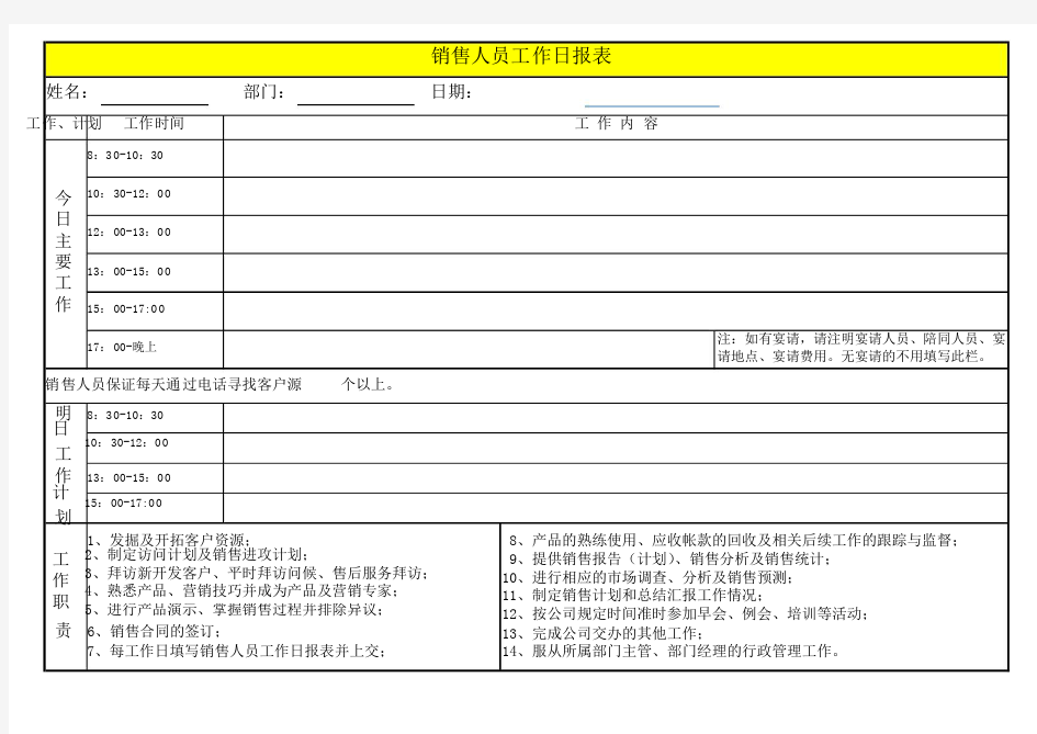 销售人员工作日报表