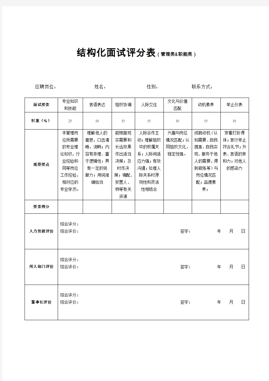 结构化面试评分表