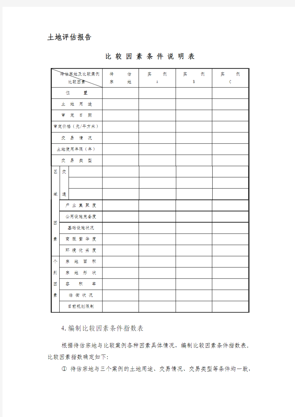 土地评估报告--比较因素条件说明表