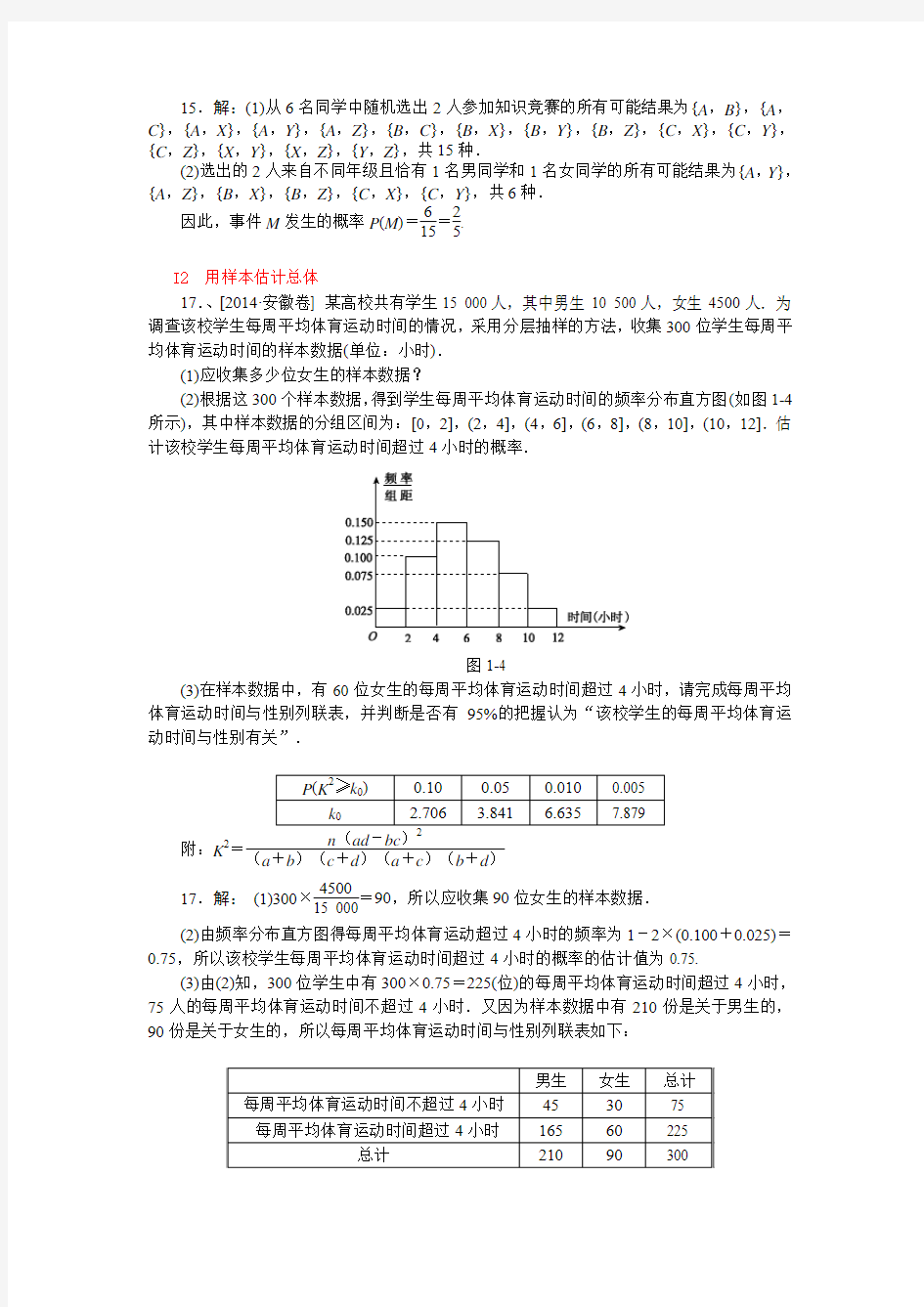 2014年高考文科数学真题解析分类汇编：I单元 统计(纯word可编辑)