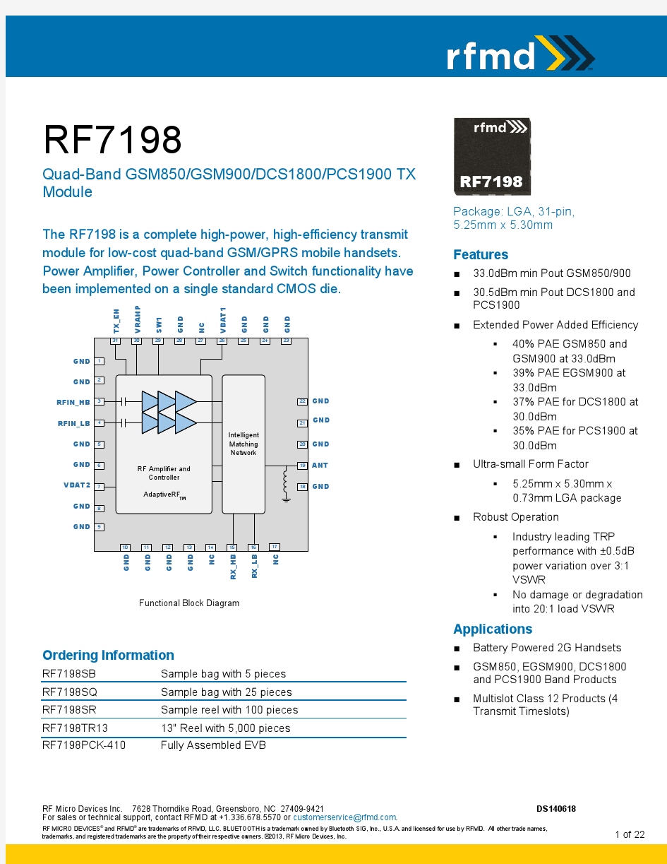 RF7198 Product Data Sheet