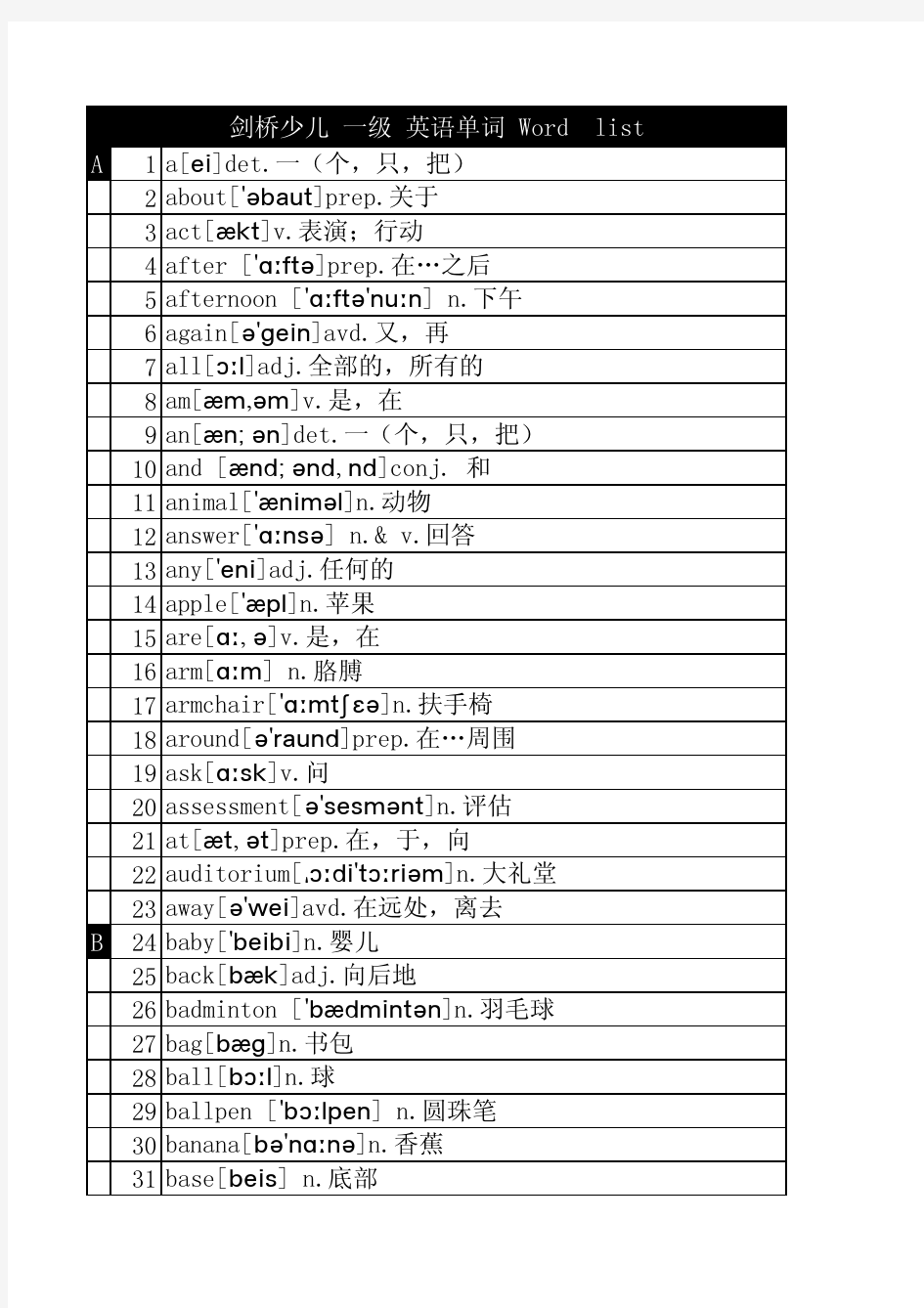 剑桥少儿英语单词表