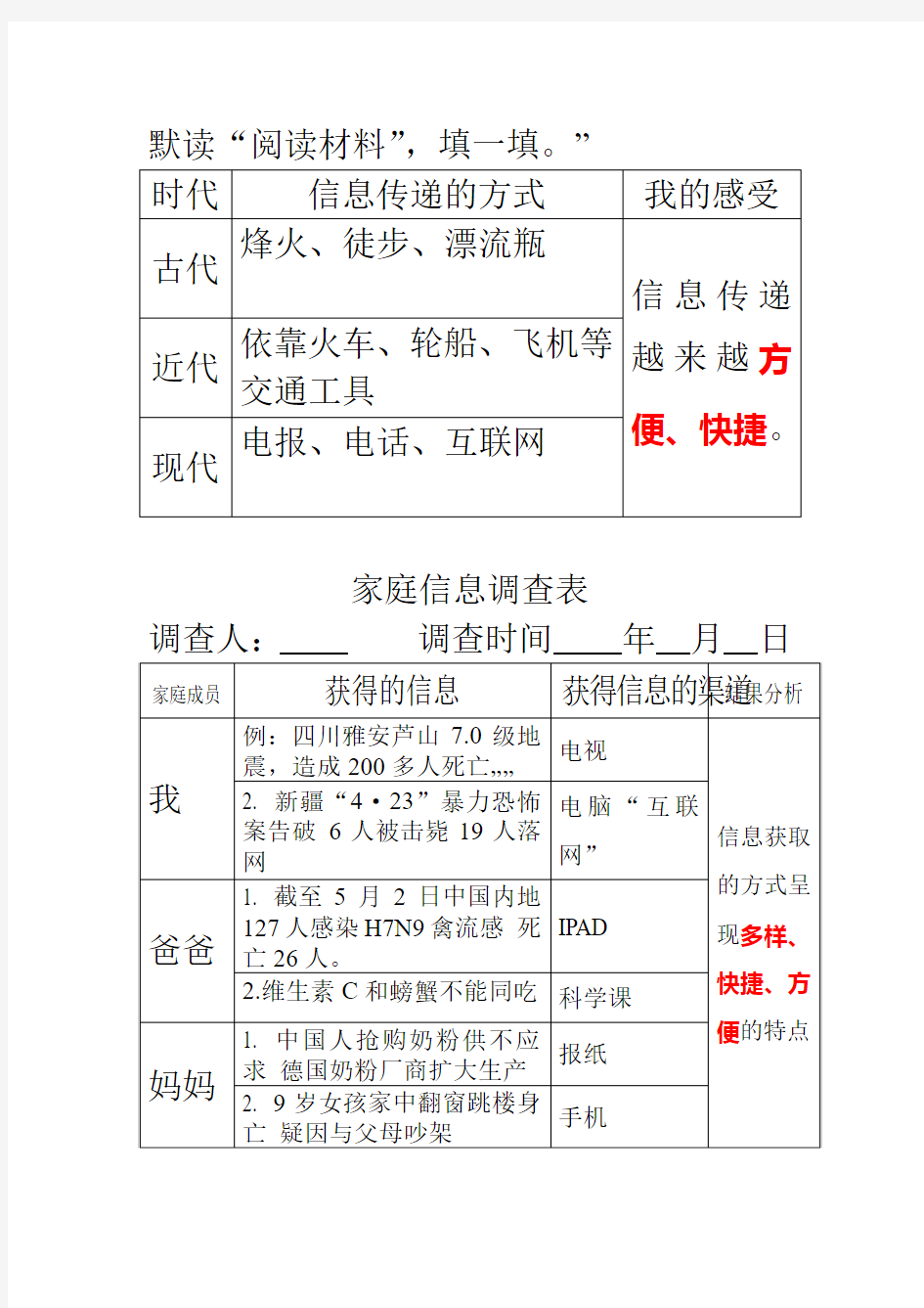 五下语文“信息传递方式、家庭信息调查表”作业答案