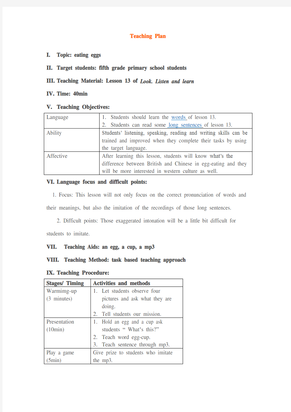 高中英语优秀教案(英文模板)Teaching plan