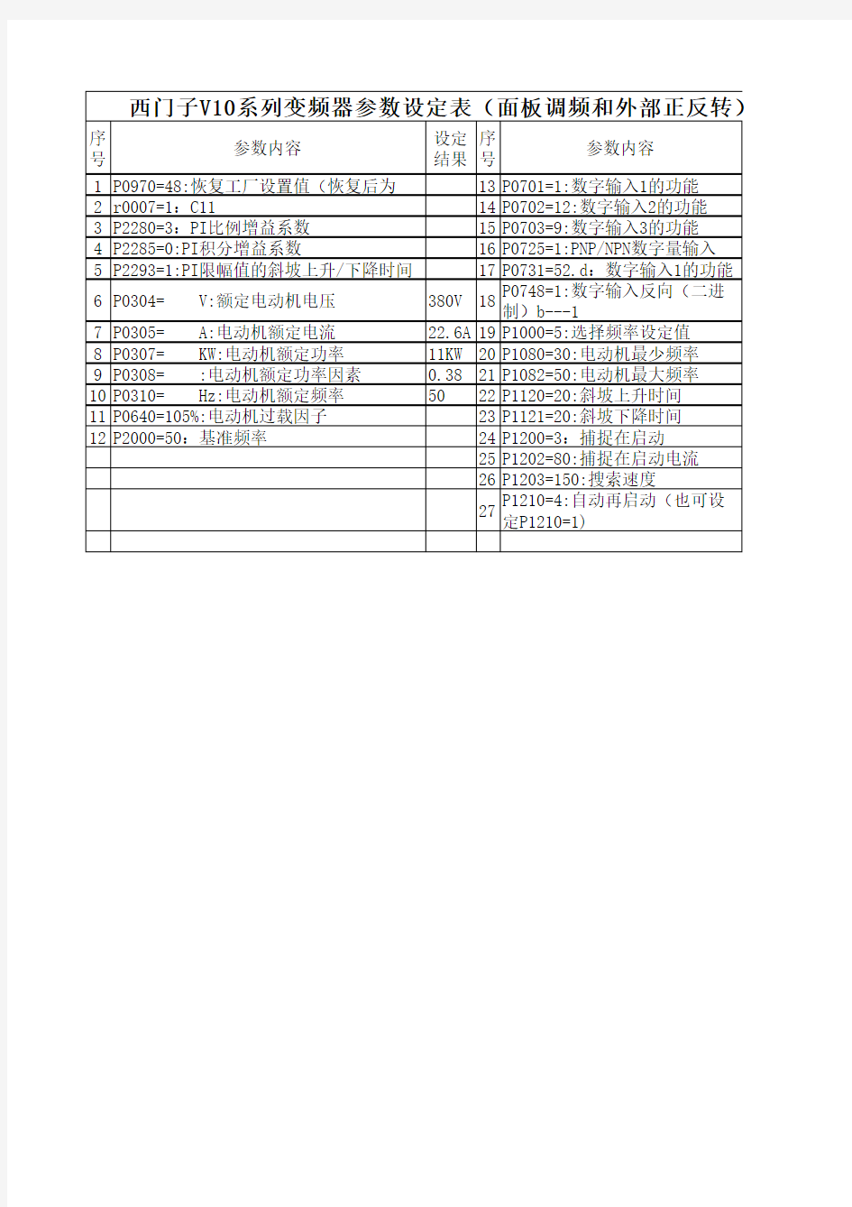 西门子V10系列变频器参数设置表