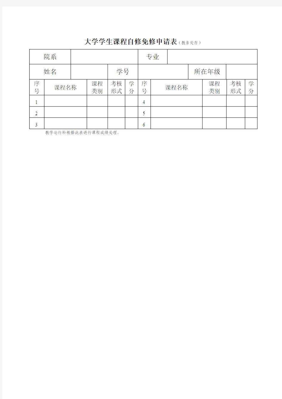 大学学生课程自修免修申请表