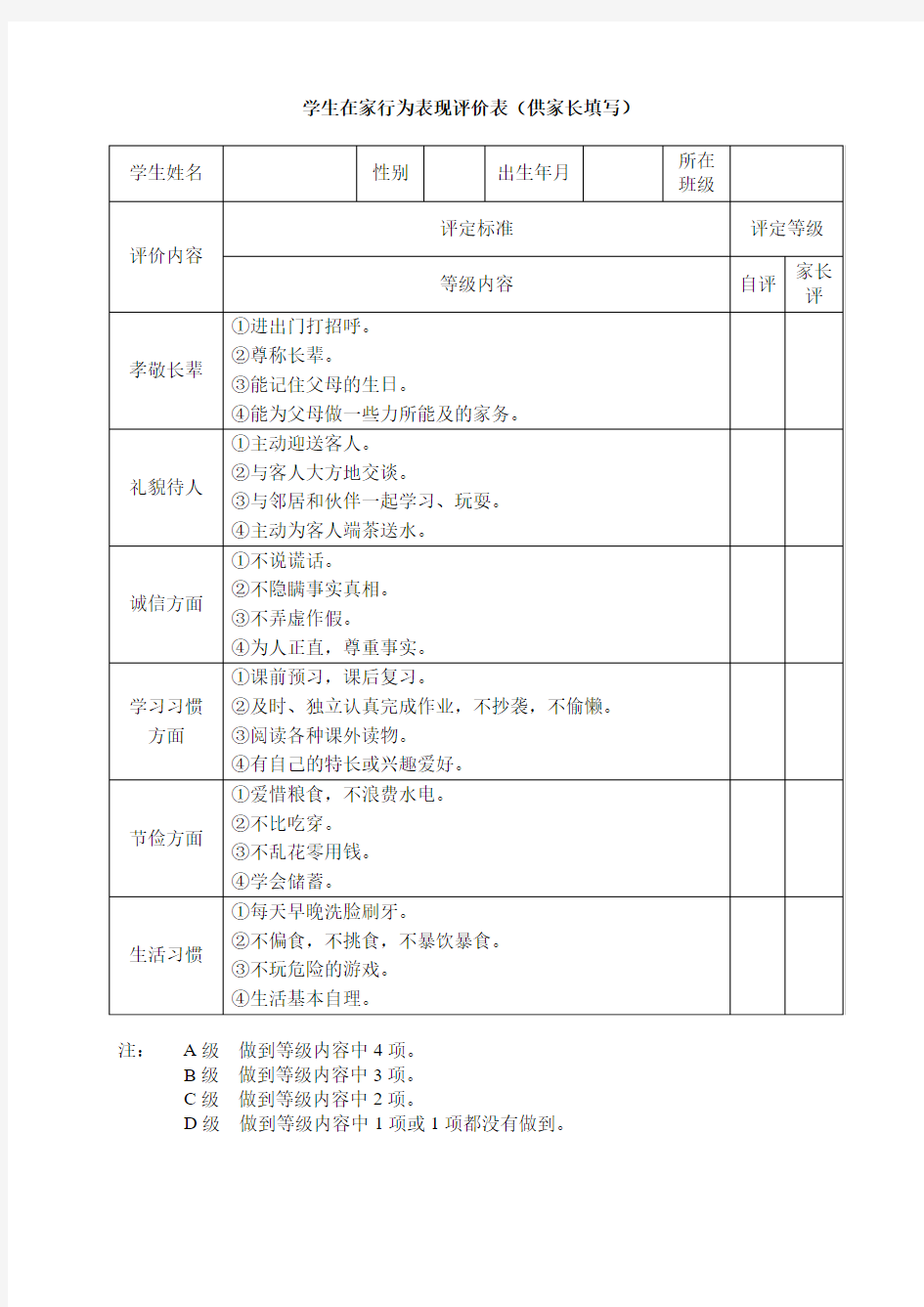 学生在家行为规范评价表(供家长填写)