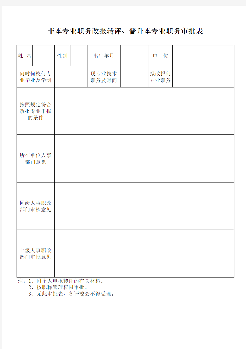 非本专业职务改报转评、晋升本专业职务审批表