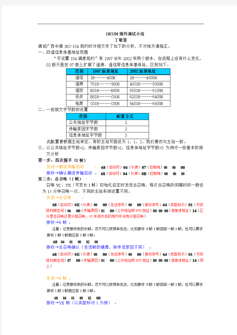 IEC104规约报文实例总结