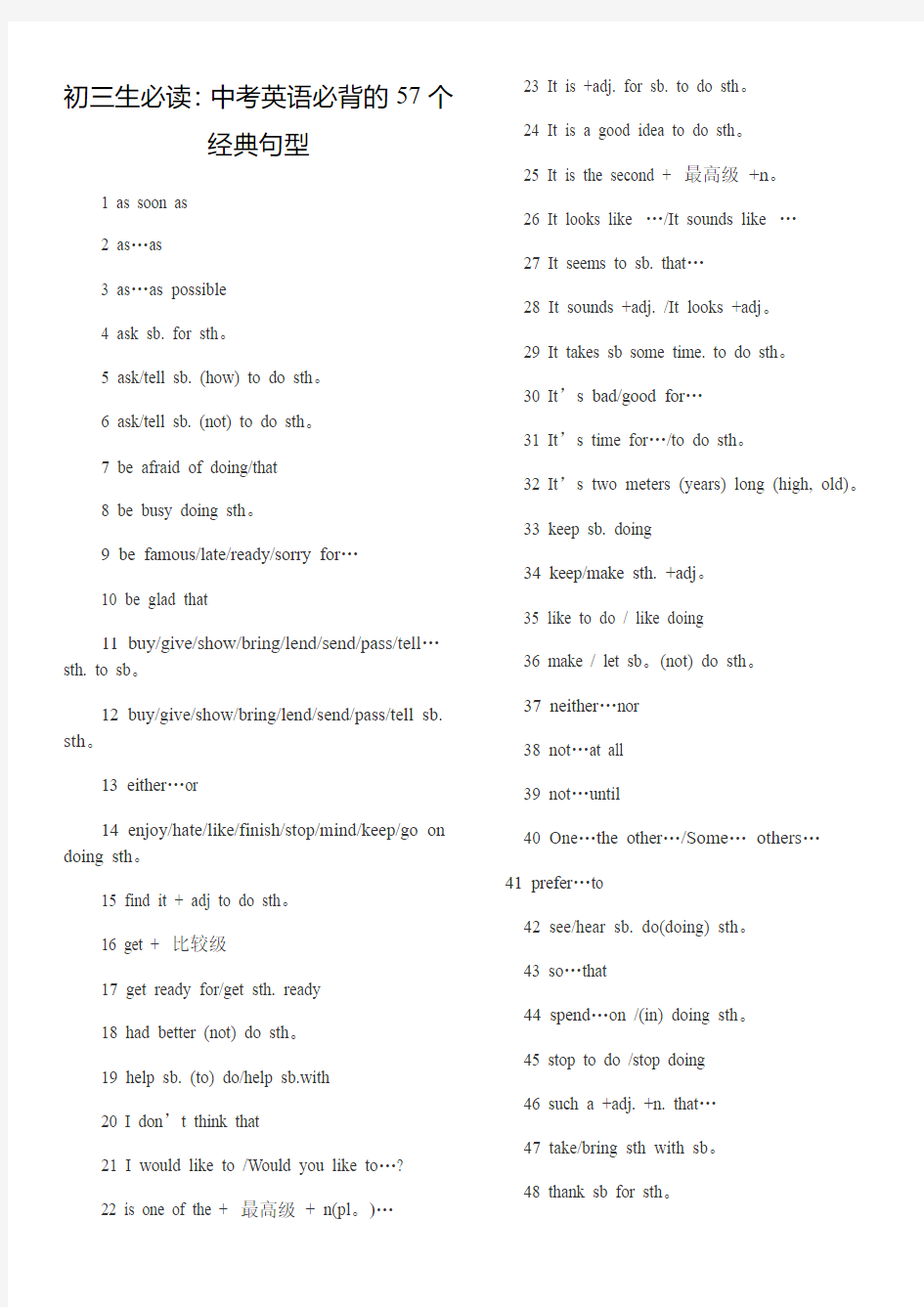 初三生必读：中考英语必背的57个经典句型
