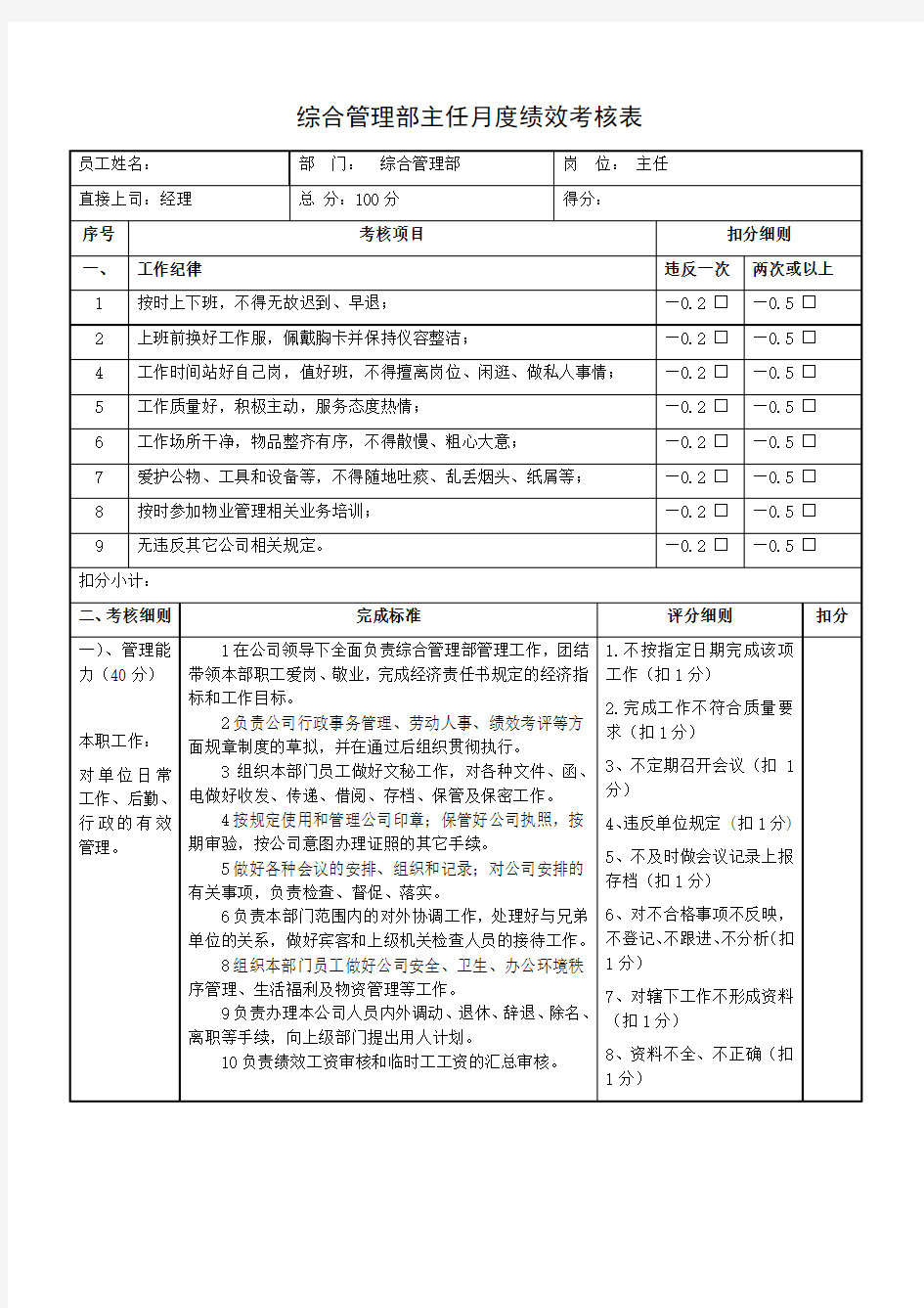 综合管理部主任月度绩效考核表