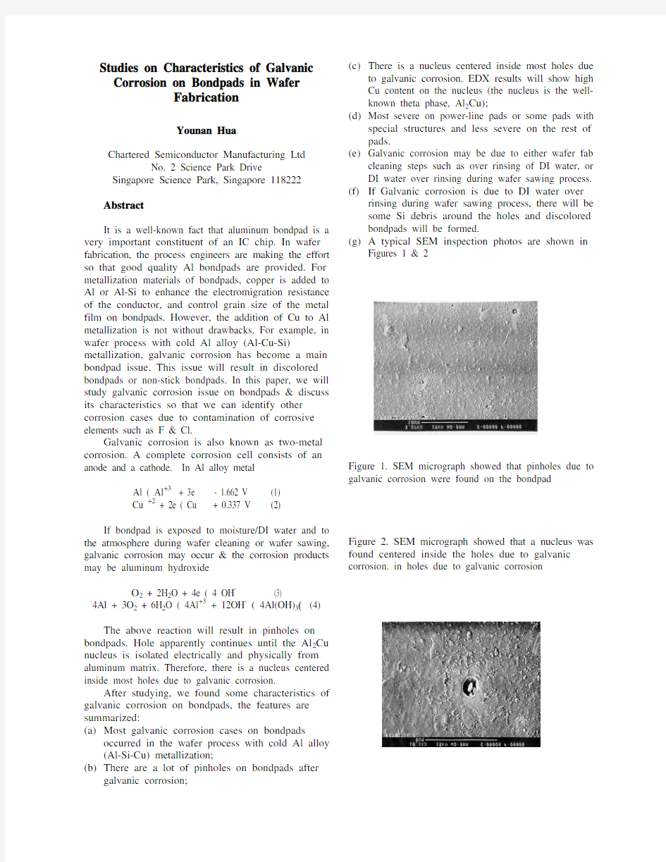 Studies on Characteristics of Galvanic Corrosion on Bondpads in Wafer Fabrication