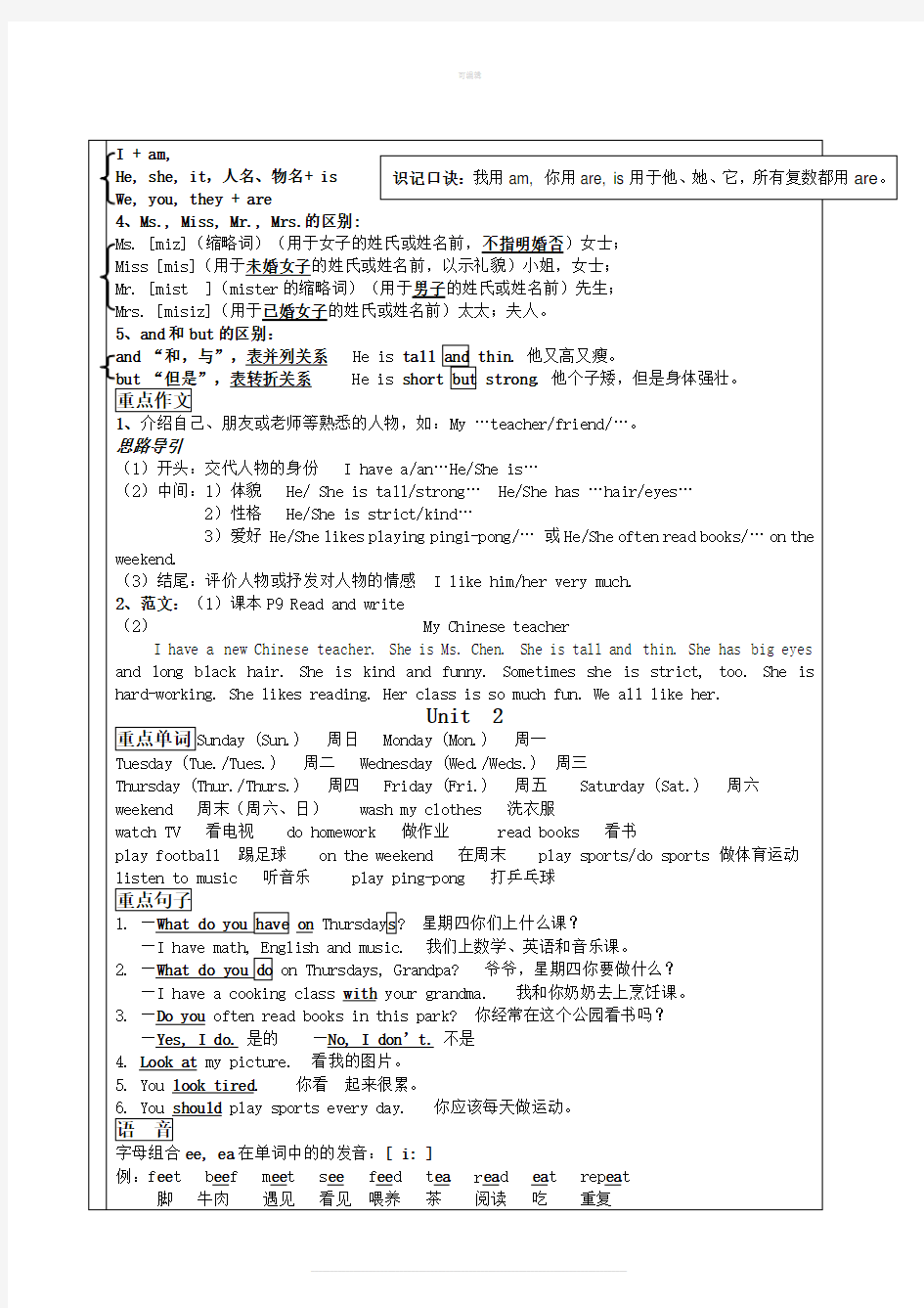 五年级上册英语期末复习知识点梳理