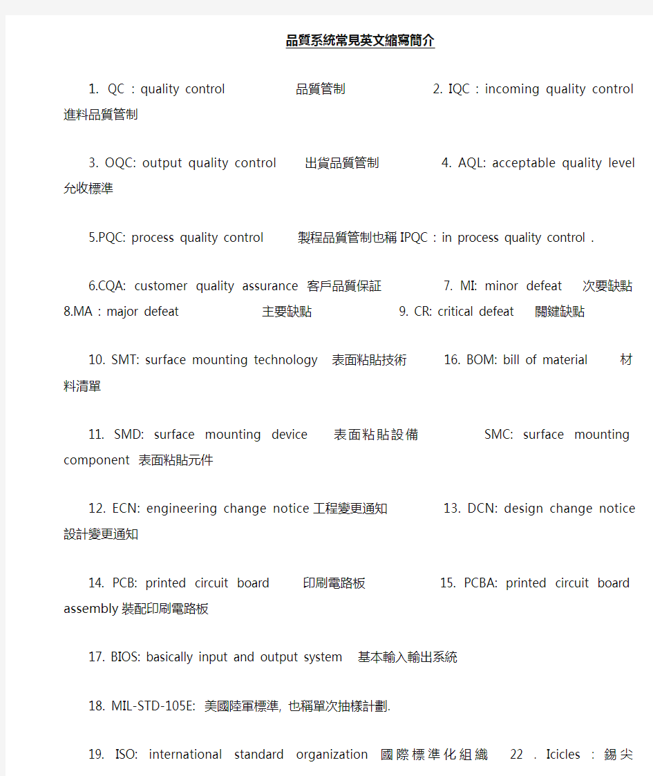 品质系统常见英文缩写简介