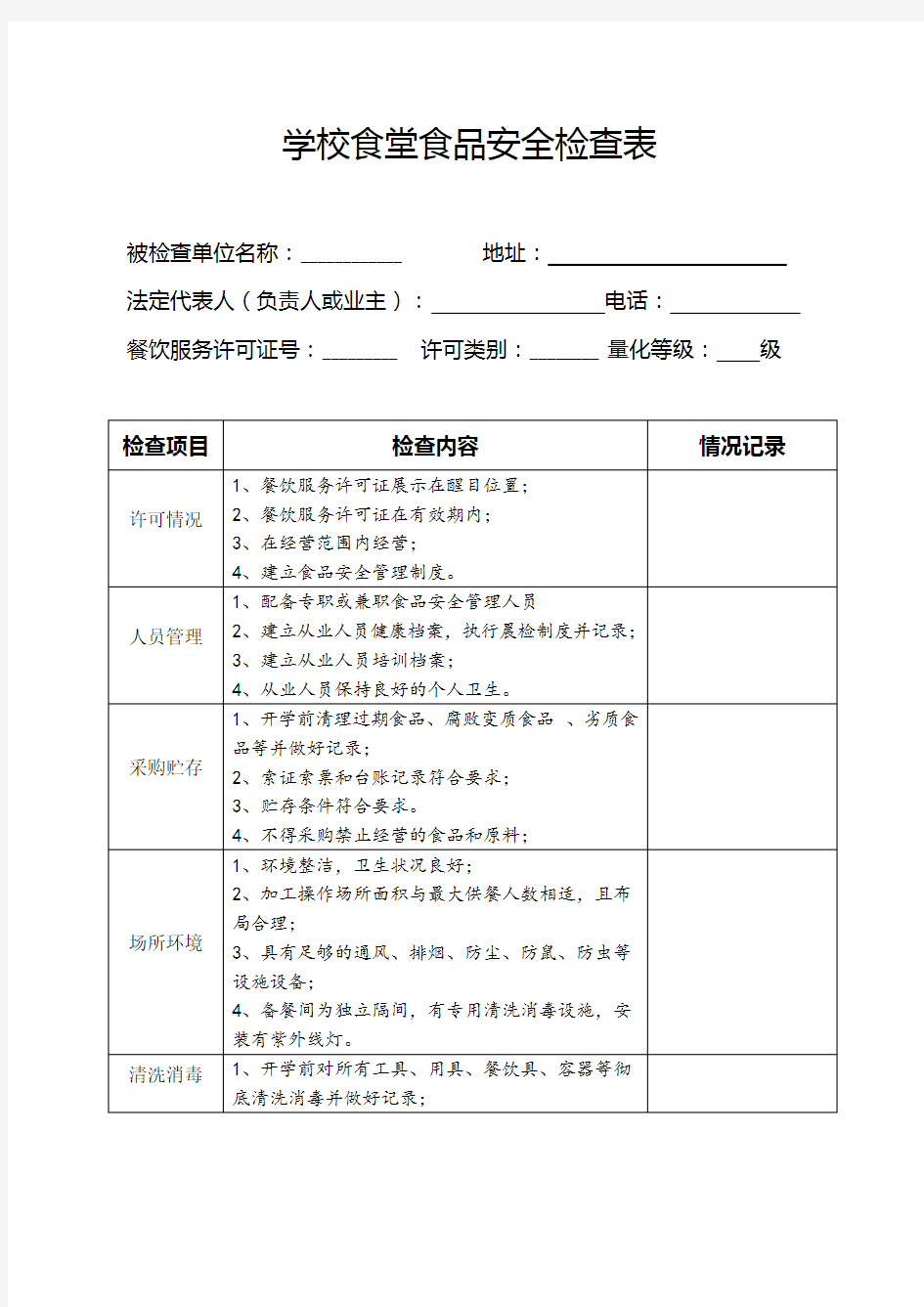 学校食堂食品安全检查表