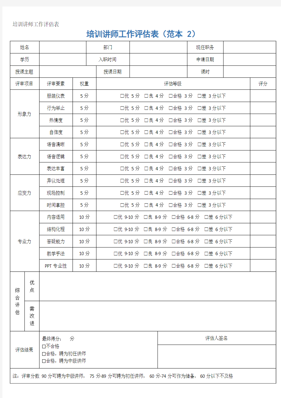 培训讲师工作评估表