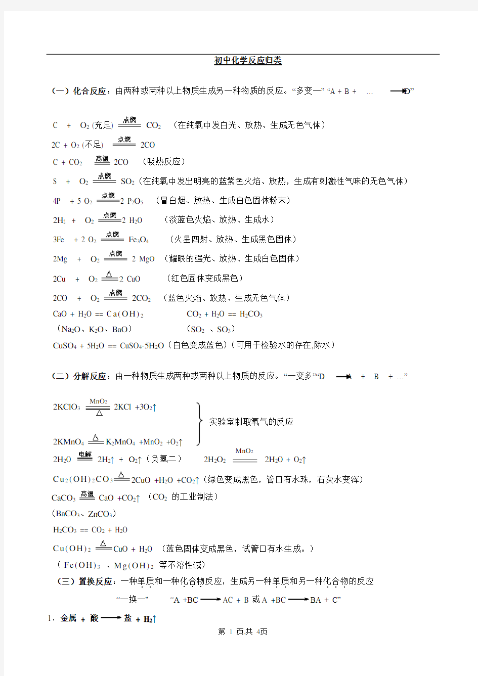 初三化学反应类型总结