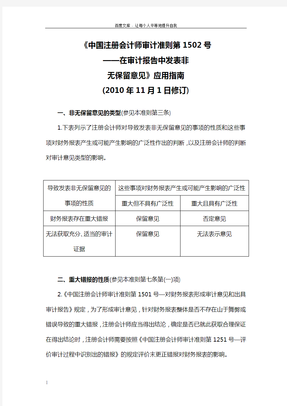 中国注册会计师审计准则第1502号—在审计报告中发表非无保留意见指南