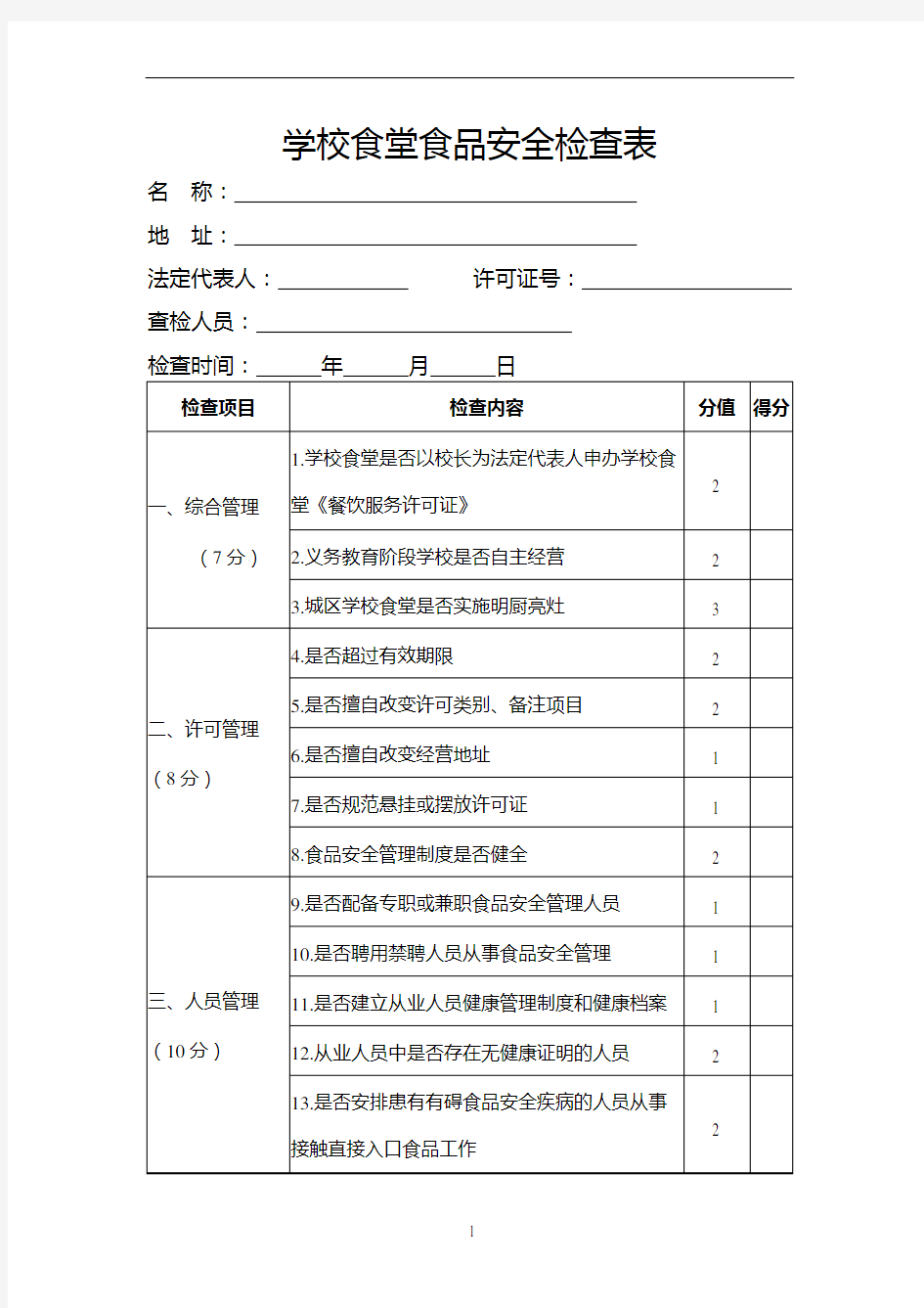 学校食堂食品安全检查表