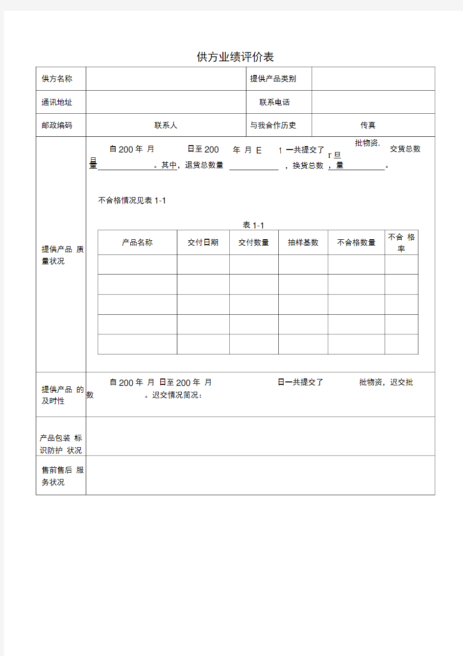 质量管理体系表格之供方业绩评价表