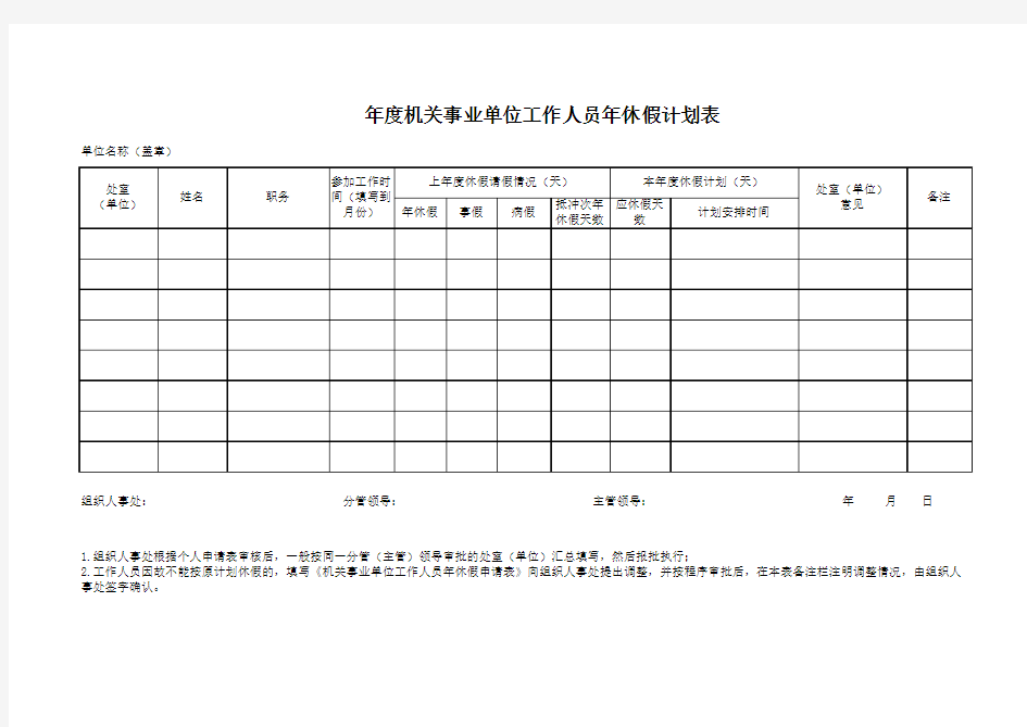 机关事业单位年休假申请及休假计划表