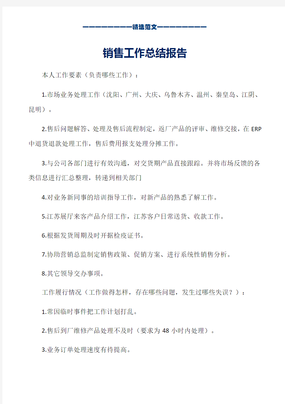 销售工作总结报告_word版本