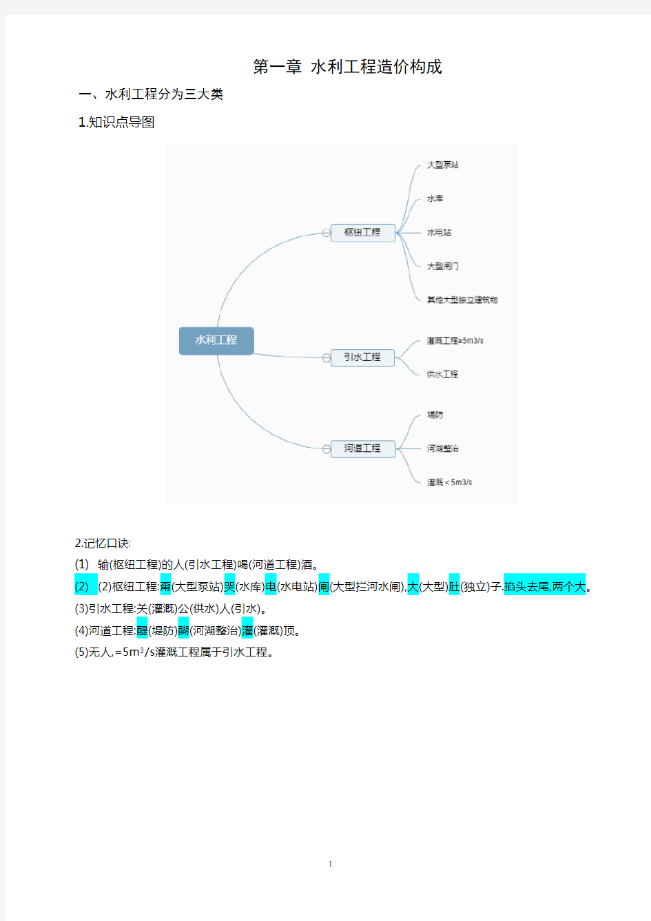 2020年一级水利造价案例分析思维导图及记忆口诀