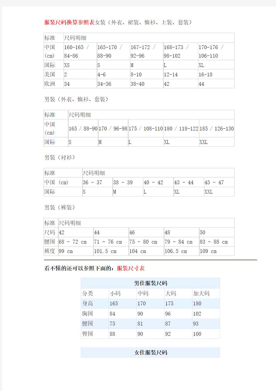 服装尺码换算参照表