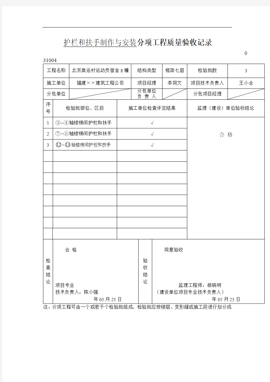 护栏和扶手制作与安装分项工程质量验收记录