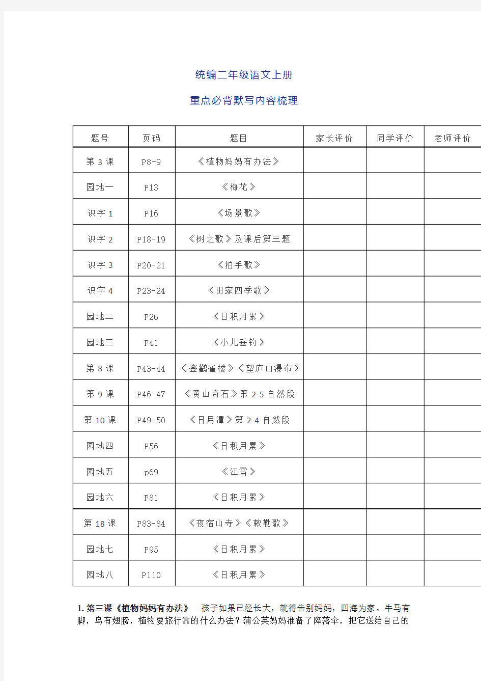 统编语文1-6年级(上)重点必背默写内容梳理