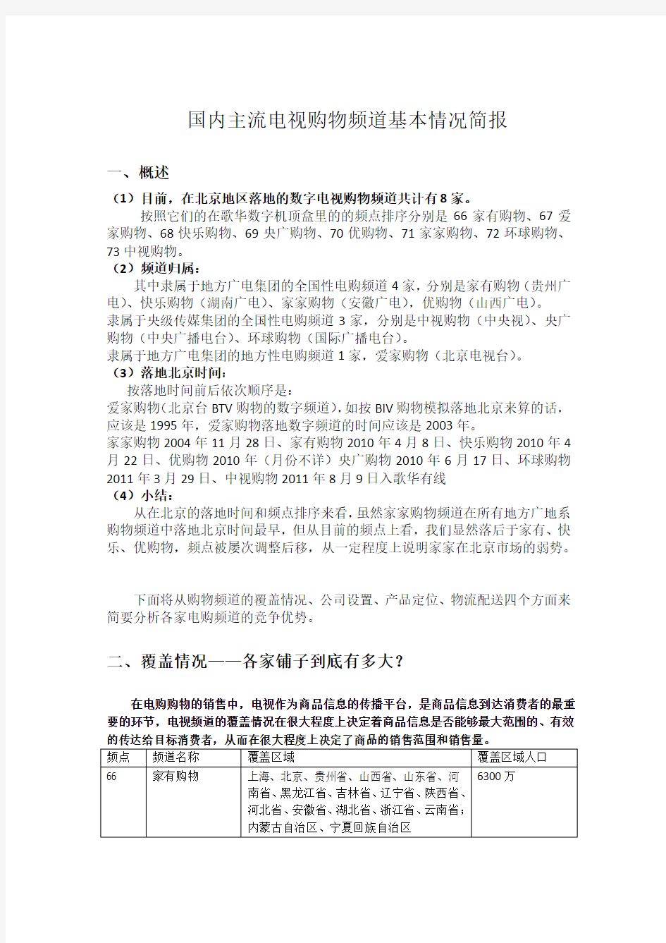 国内主流电视购物频道基本情况简报.docx