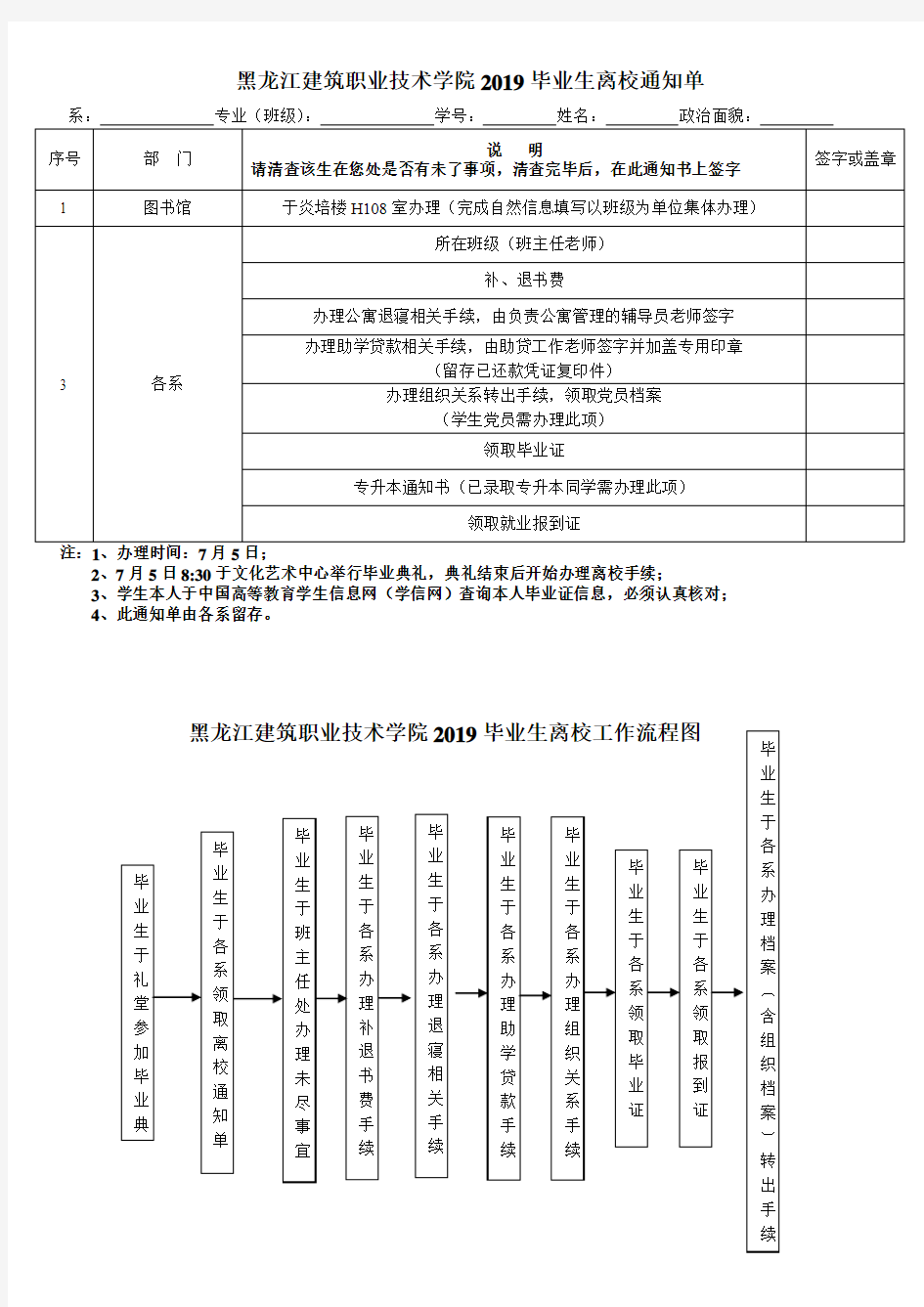 黑龙江建筑职业技术学院2019毕业生离校通知单