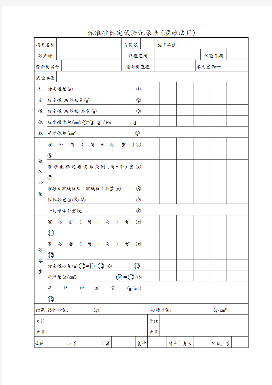 标准砂标定试验记录表(灌砂法用)