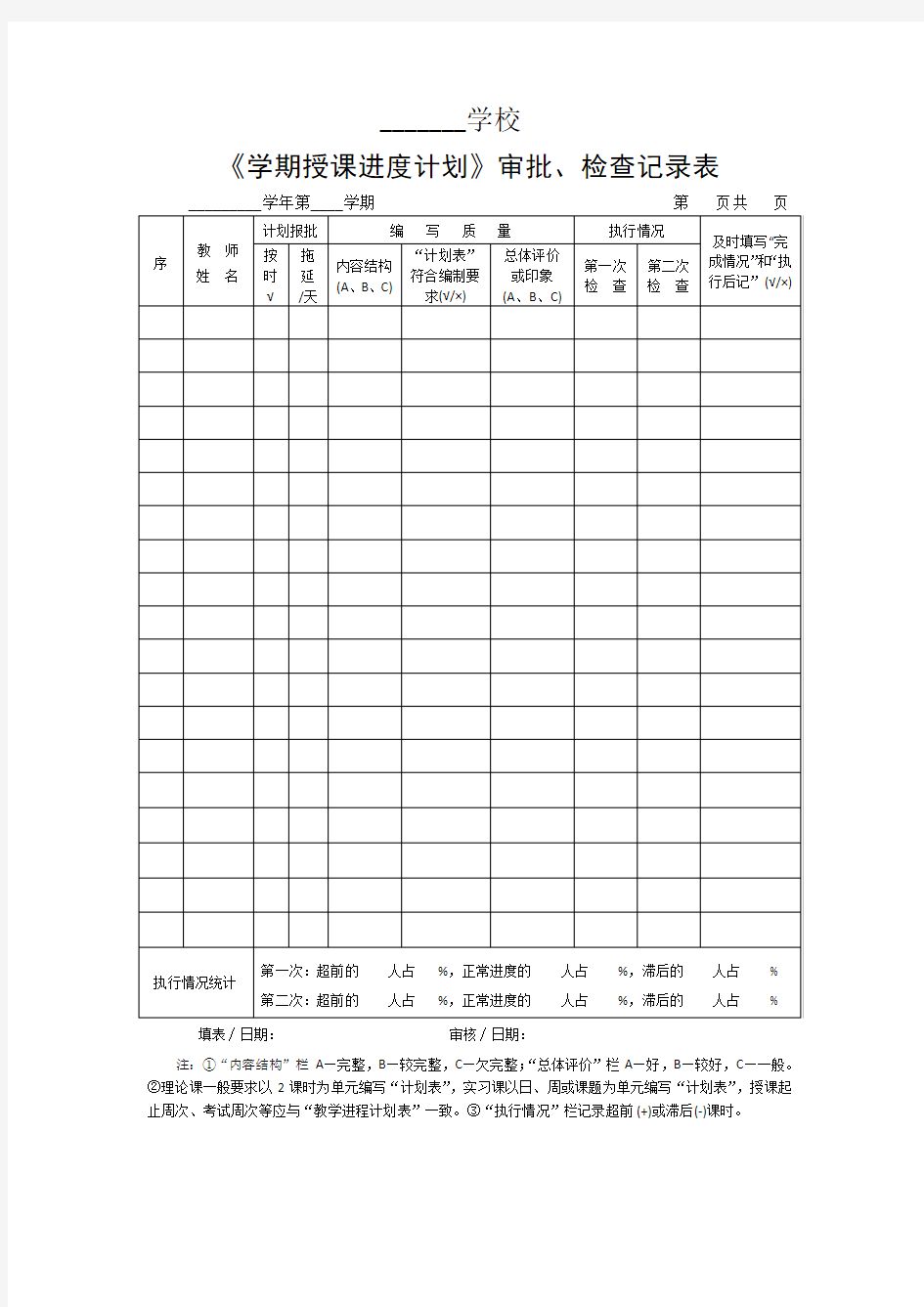 授课教学计划进度检查表