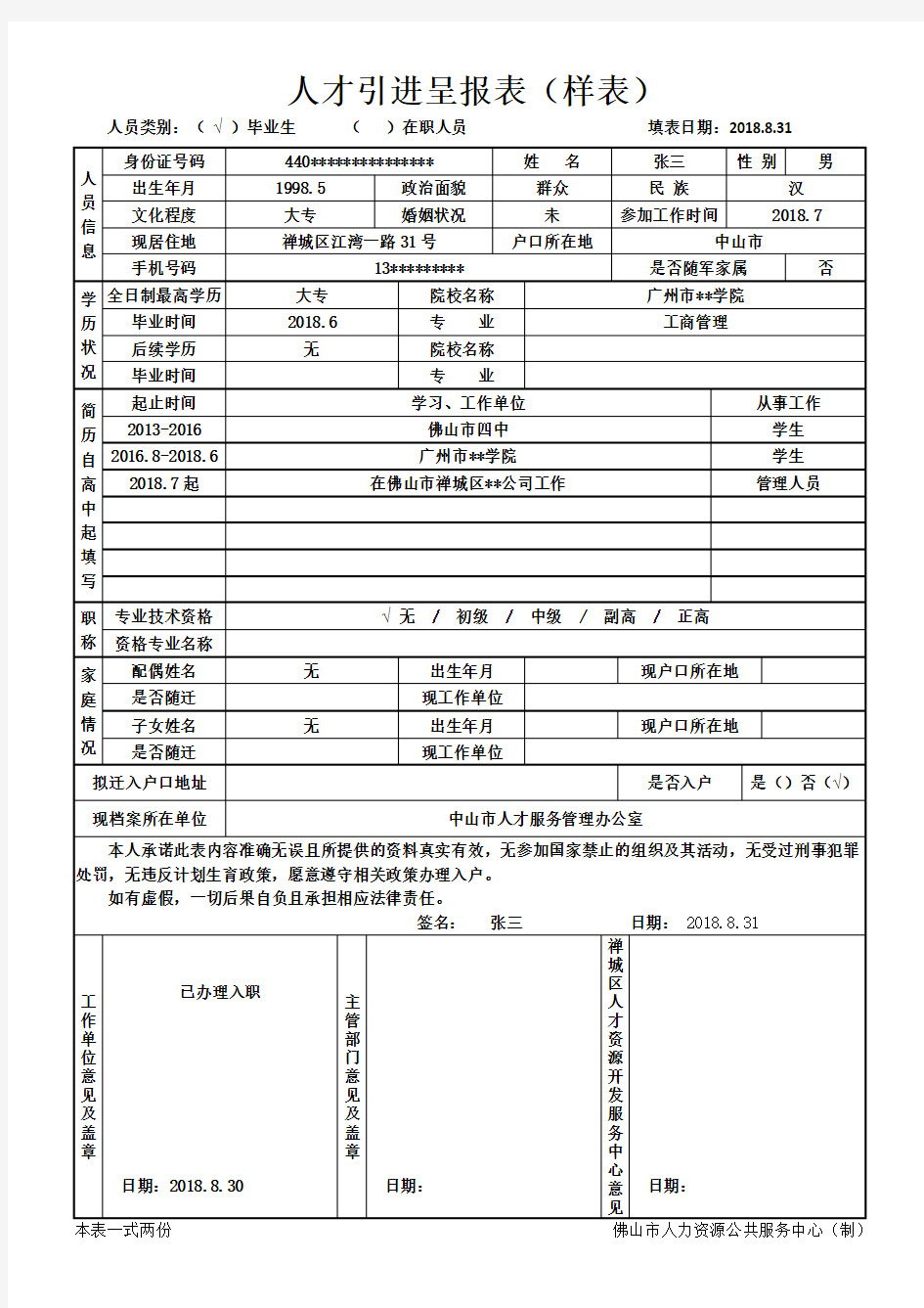 人才引进呈报表样表