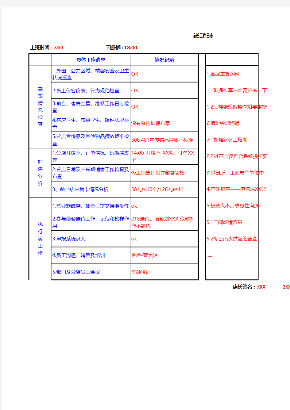 店长工作日志模板