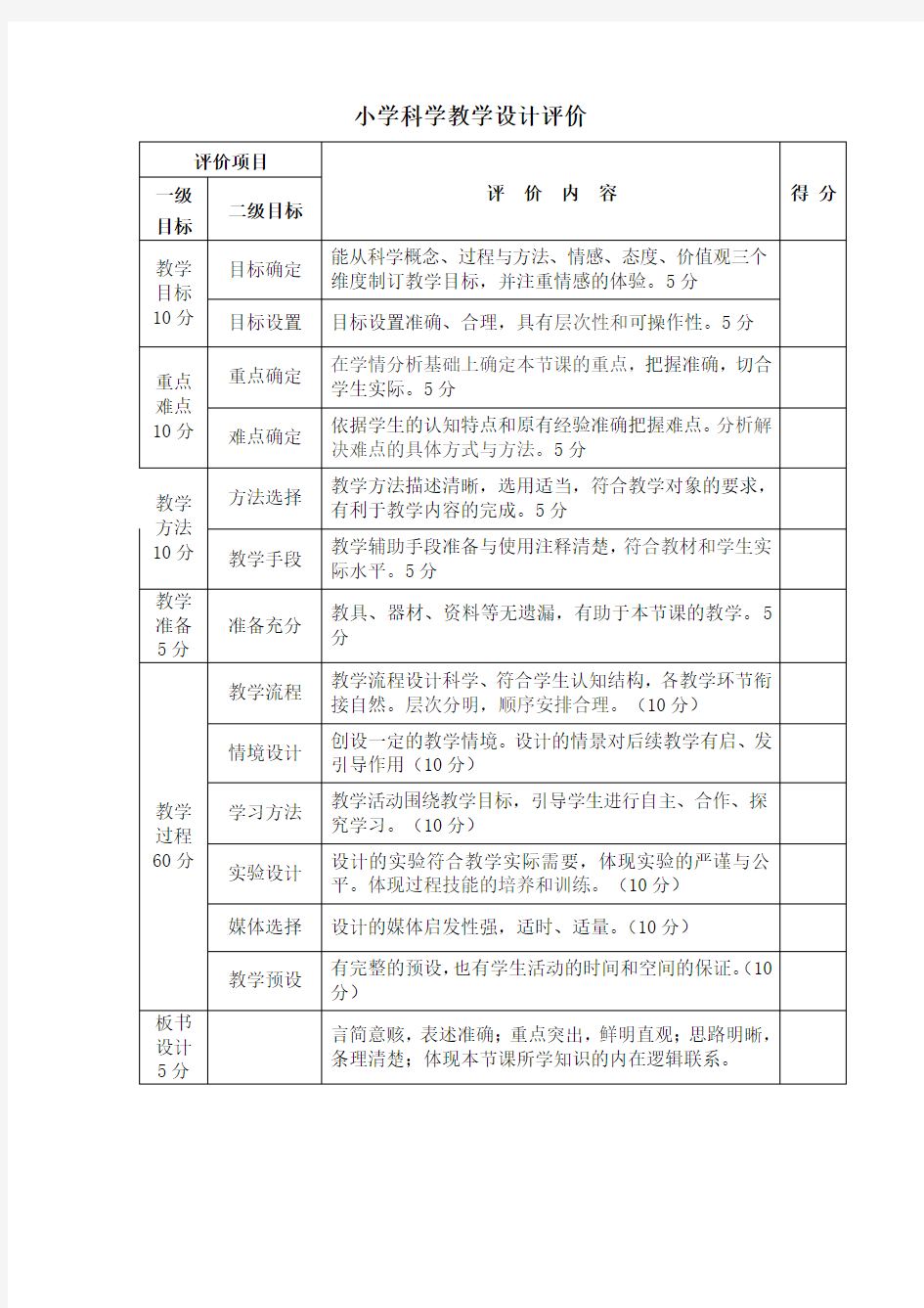 小学科学教学设计评价标准